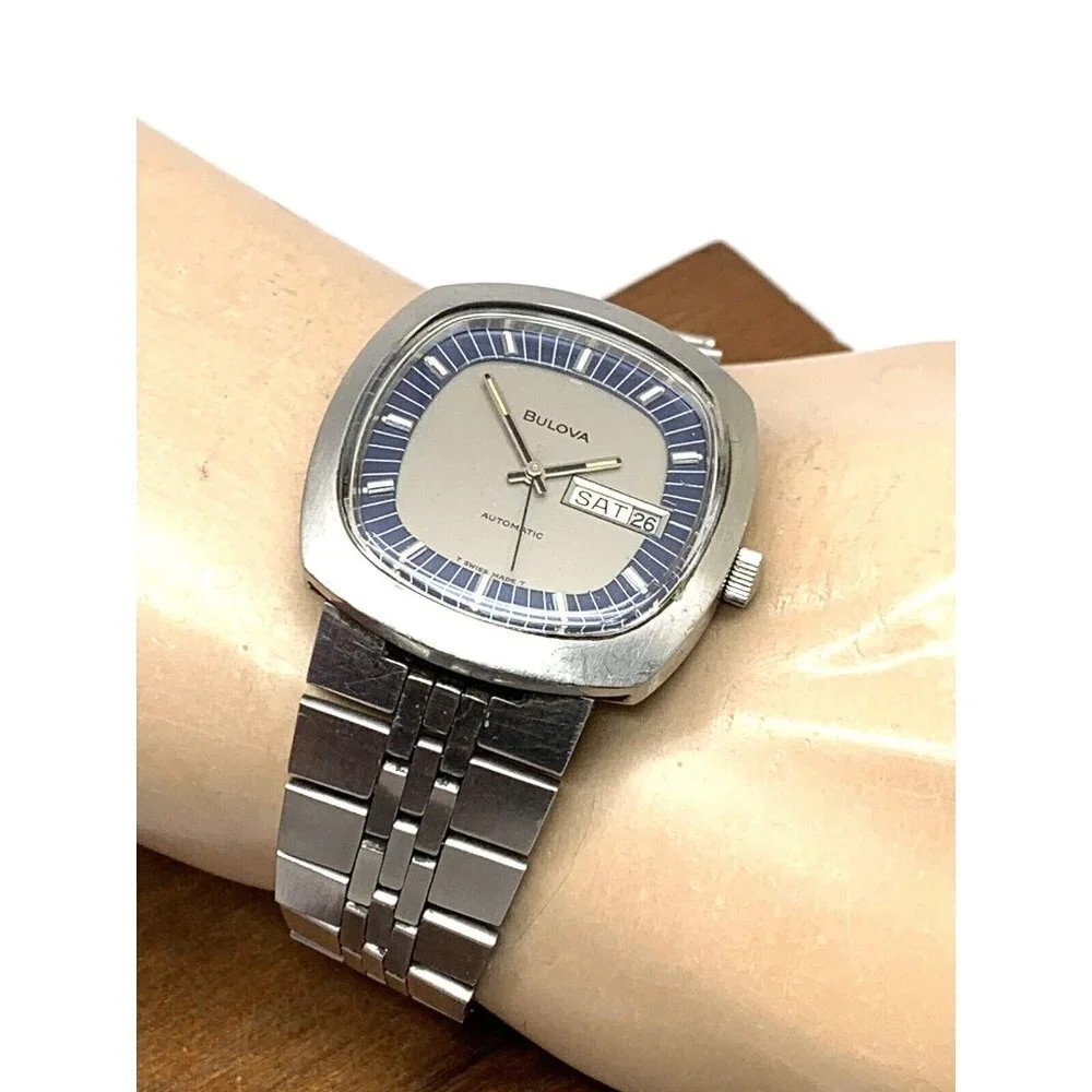 Bulova Men's Watch 7366 Vintage 1970's N3 Swiss Automatic Blue Silver Di…